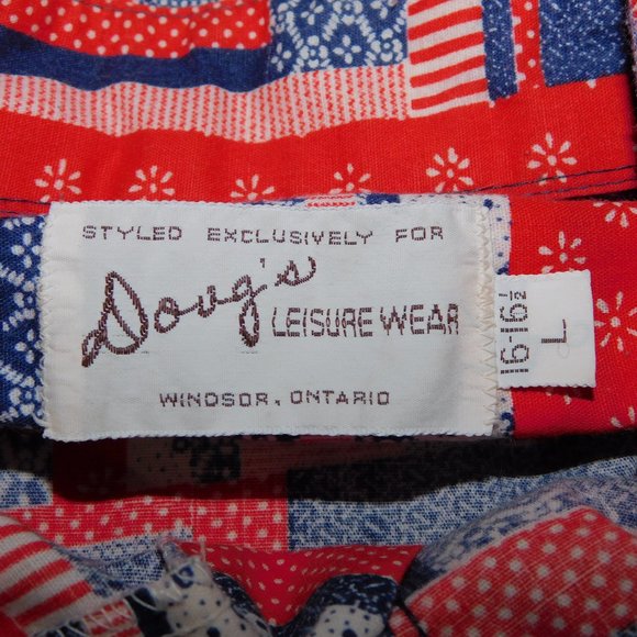 VTG Doug's Leisure Wear Mens L Red white blue Patchwork Look Button front Shirt - Picture 2 of 11